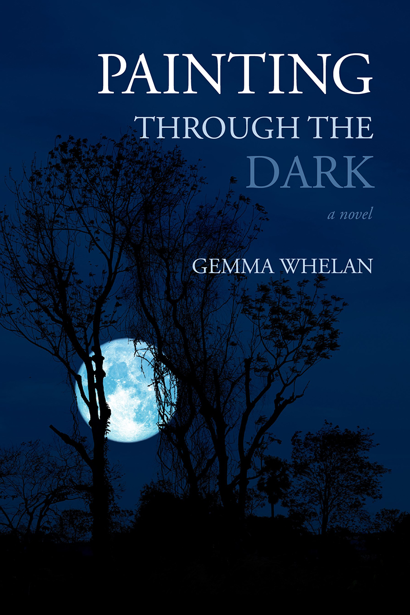 Book cover, dark night view through tree branches with a full moon in the background.